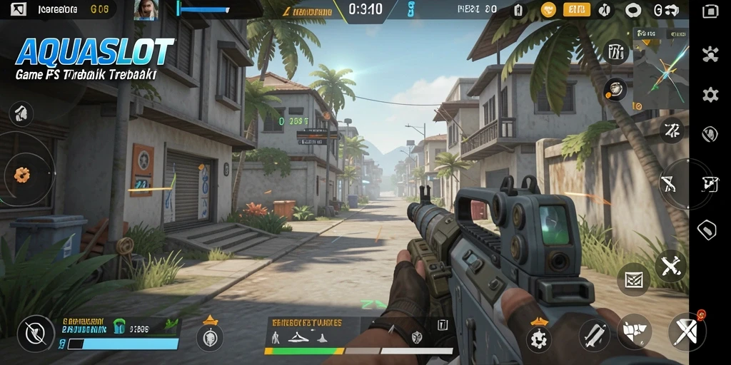 Tampilan gameplay AQUASLOT dengan aksi tembak-menembak yang intens.