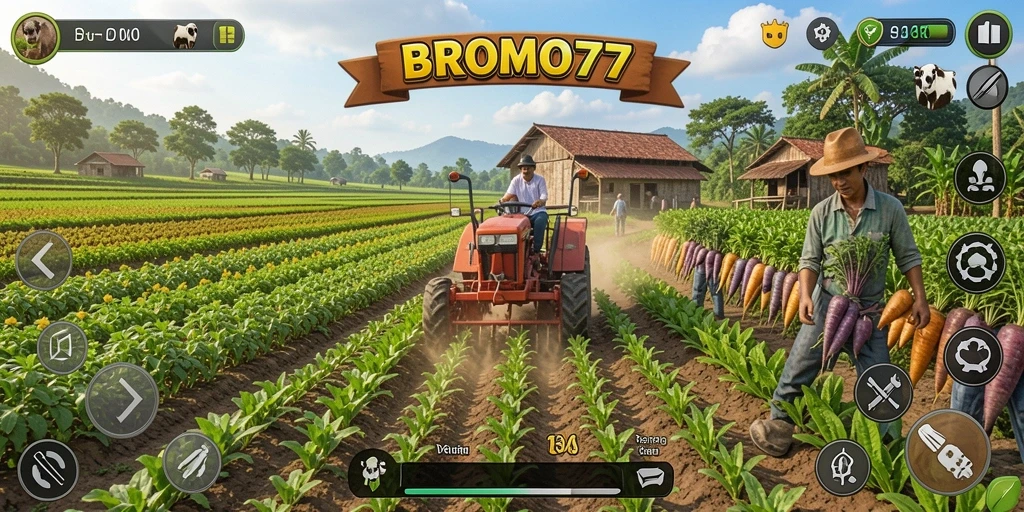 Screenshot BROMO77 menampilkan suasana kebun yang rimbun dan aktivitas bertani yang seru.