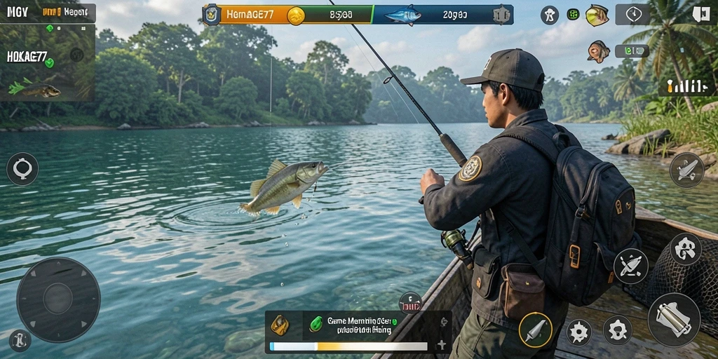Tampilan gameplay HOKAGE77 saat menangkap ikan di danau.