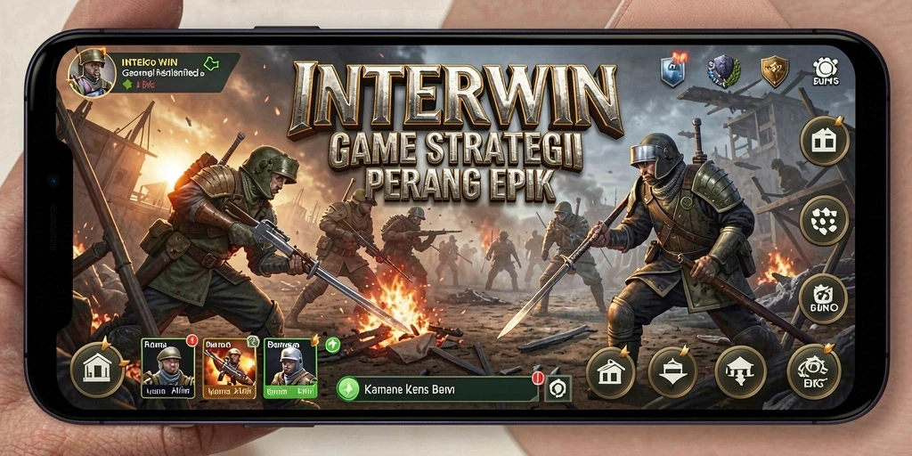 Screenshot menunjukkan pertempuran epik dan pembangunan kota di INTERWIN.
