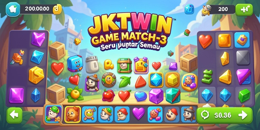 Screenshot JKTWIN menampilkan gameplay Match-3 yang penuh warna.