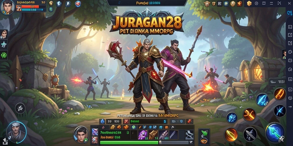 Screenshot utama JURAGAN28 menampilkan karakter dalam pertempuran epik.