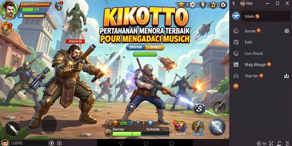 Screenshot gameplay KIKOTOTO menampilkan aksi menara bertahan melawan musuh yang menyerang.