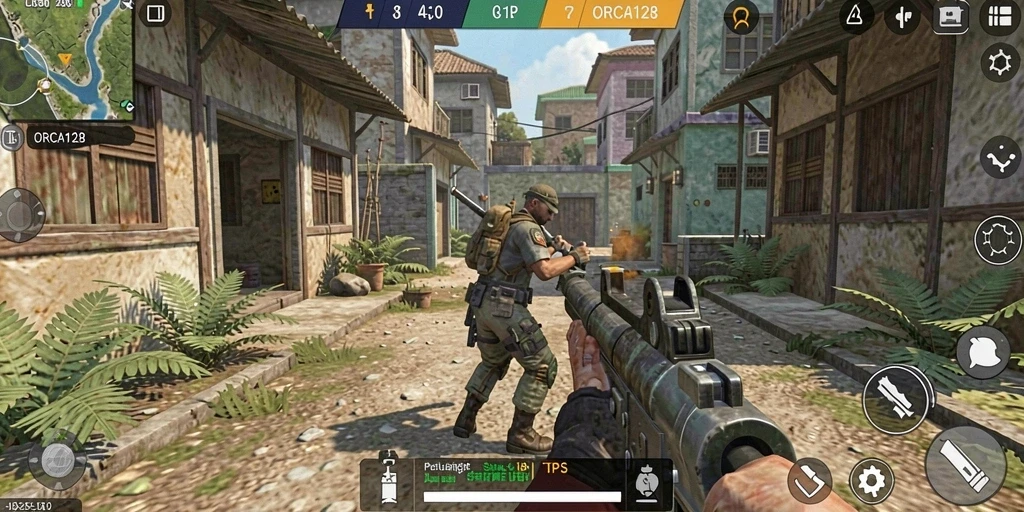 Screenshot ORCA128 menampilkan aksi seru dalam gameplay TPS.