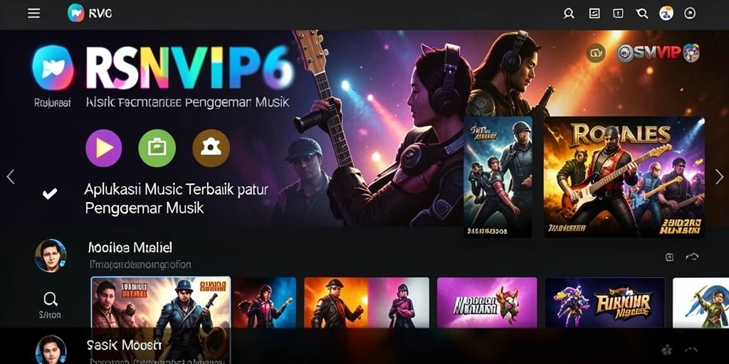 Tangkapan layar aplikasi RSNVIP6 menunjukkan antarmuka pengguna yang menarik dan kemudahan akses musik.